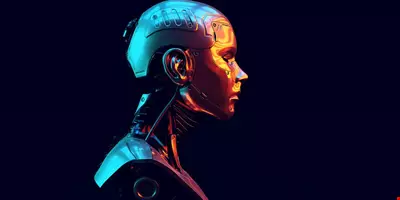 Cyborg with with Red Orange and Blue Green Moody 80s lighting 3d illustration 3d render